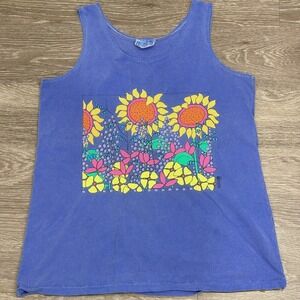 VTG 90s Fresh Produce Sunflower Graphic Tank Top Single-Stitch Tee Blue Small
